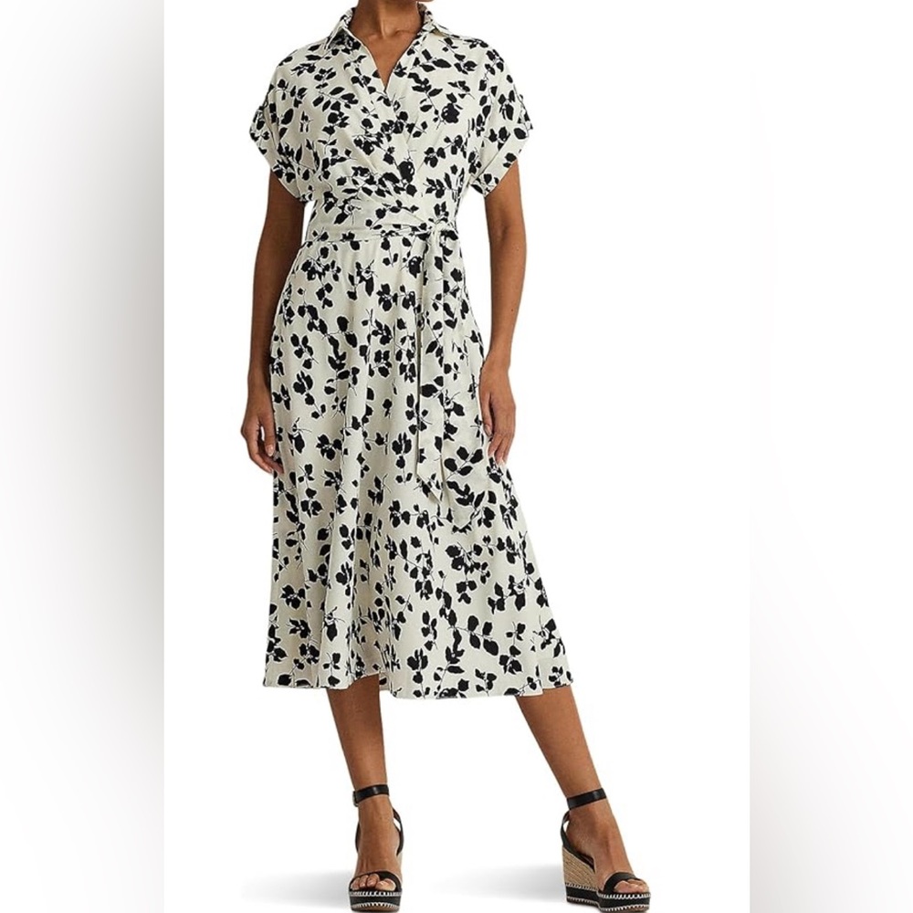 Ralph Lauren Women’s Leaf Print Belted Crepe Dress